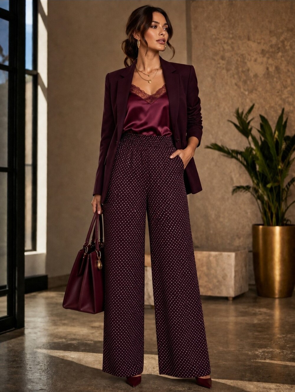 New York & Company Burgundy Polka Dot Wide Leg Pull-On Pants - Size M